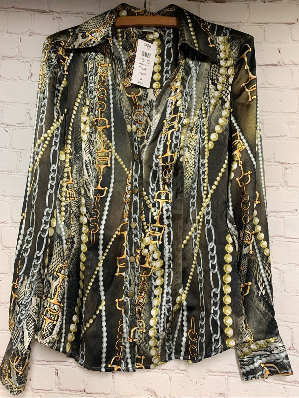 NEW Deadstock Y2K Cache Chains Pearls Silk Blend Snap Top Size M
